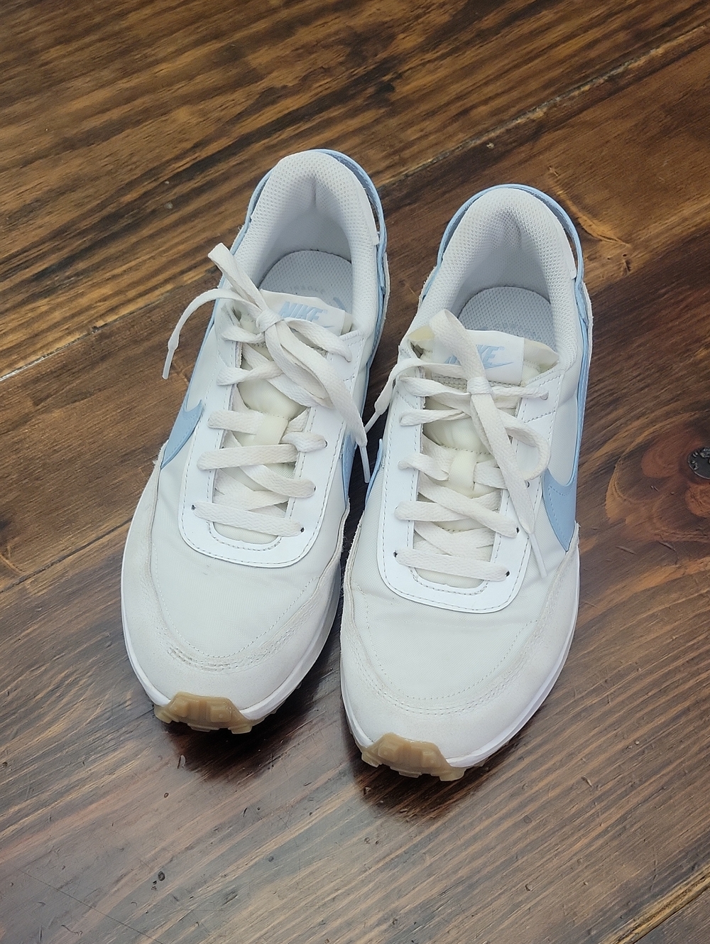 Nike Women's White Sneakers with Light Blue Swoosh